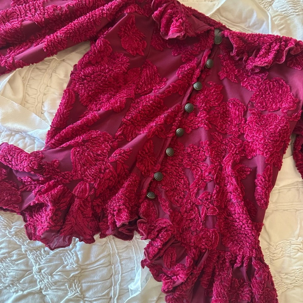 Anthropologie Raspberry Red Ruffled Burnout Blouse - Picture 3 of 7